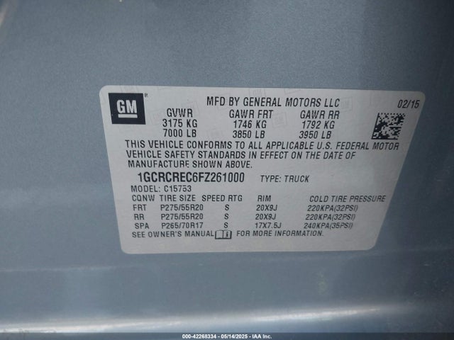 1GCRCREC6FZ261000 Chevrolet Silverado 1500 1lt