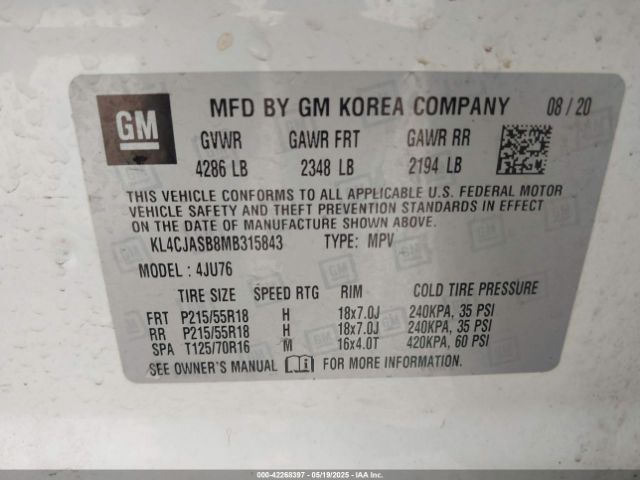 KL4CJASB8MB315843 Buick Encore Fwd Preferred
