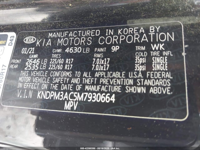 42268398 :رقم المزاد ، KNDPM3AC5M7930664 vin ، 2021 Kia Sportage Lx مزاد بيع