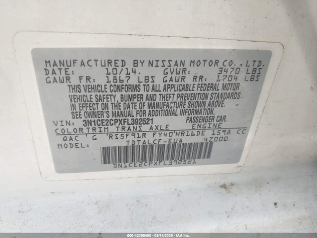 Nissan Versa Note S (sr) 2015 3N1CE2CPXFL392521 Image 9
