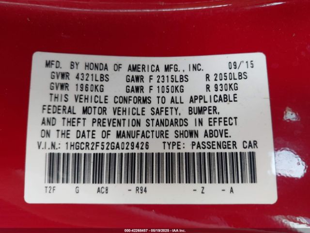 1HGCR2F52GA029426 Honda Accord Sport