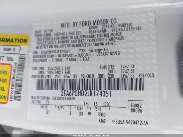 3FA6P0HD2JR174351 Ford FUSION SE