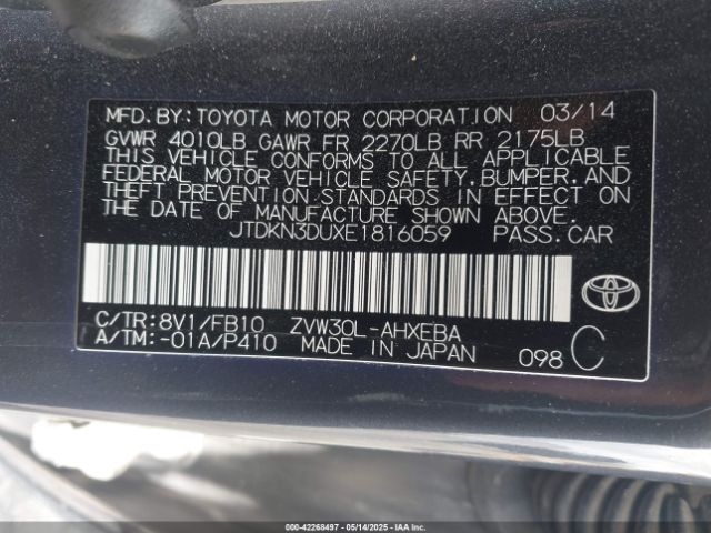 JTDKN3DUXE1816059 Toyota Prius
