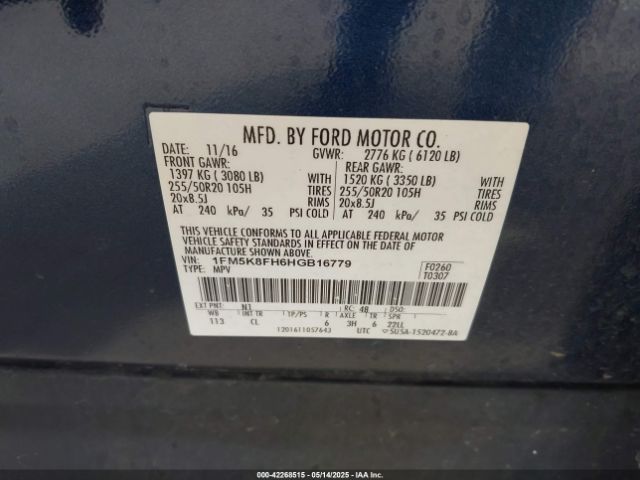 2017 FORD EXPLORER 1FM5K8FH6HGB16779 Photo 8