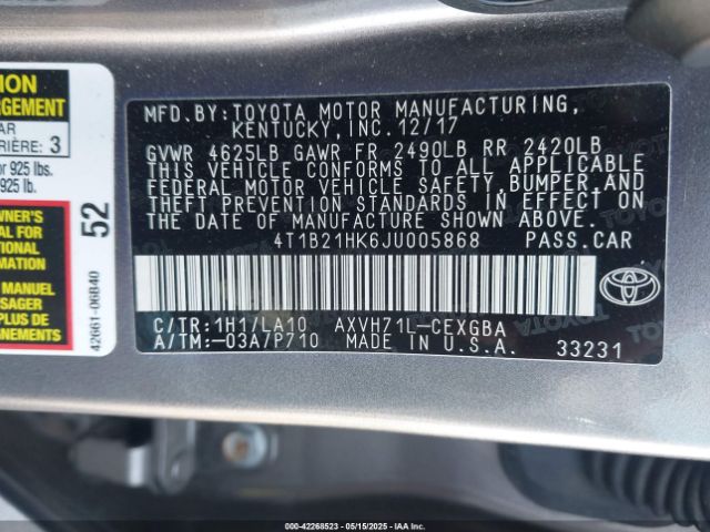 4T1B21HK6JU005868 Toyota Camry Hybrid Xle