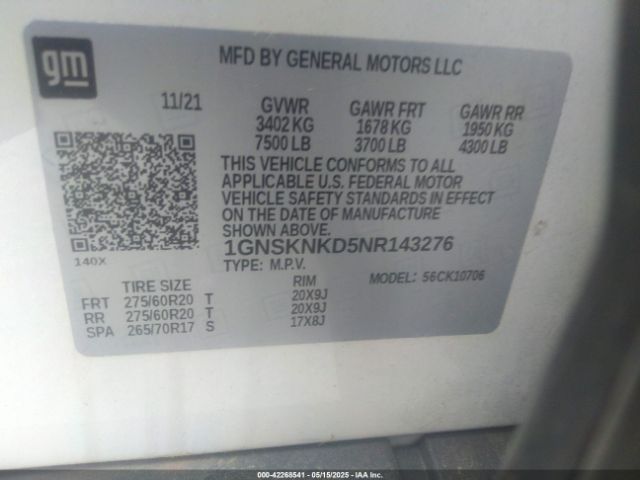1GNSKNKD5NR143276 Chevrolet l84 - di, dfm, alum, gen 5, var 2