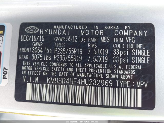 KM8SR4HF4HU232969 Hyundai Santa Fe Limited Ultimate