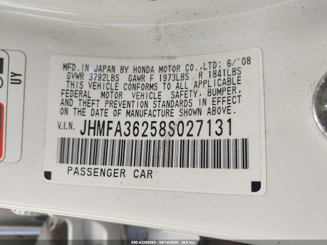 42268563 :رقم المزاد ، JHMFA36258S027131 vin ، 2008 Honda Civic Hybrid مزاد بيع