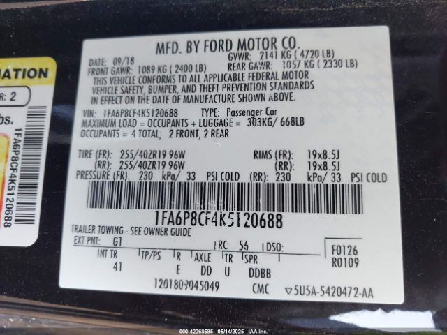2019 FORD MUSTANG 1FA6P8CF4K5120688 Photo 8