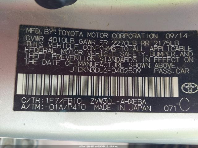 JTDKN3DU6F0402509 Toyota Prius Two