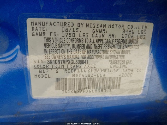 3N1CN7APXGL809041 Nissan Versa 1.6 S/1.6 S+/1.6 Sl/1.6 Sv