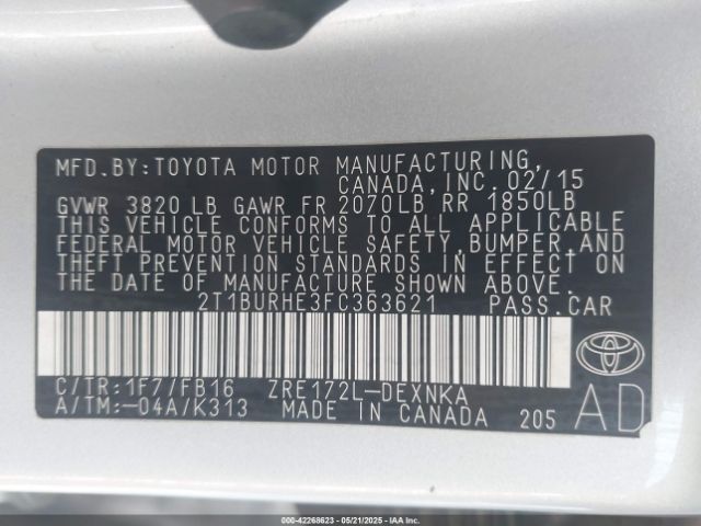2T1BURHE3FC363621 Toyota COROLLA LE