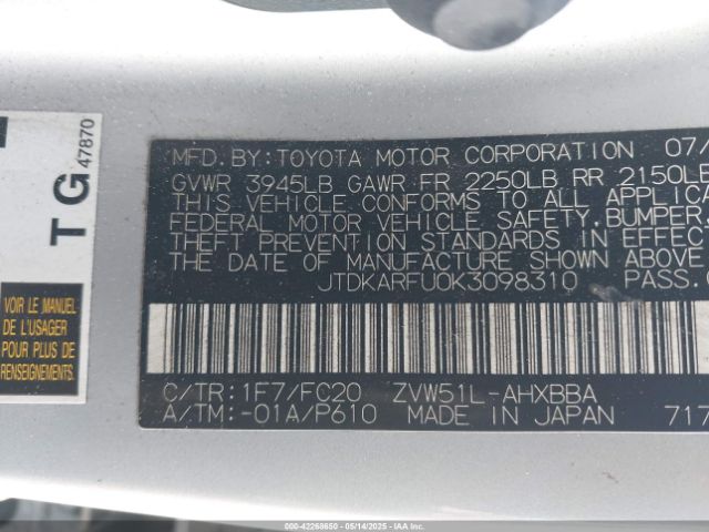 JTDKARFU0K3098310 Toyota Prius L Eco