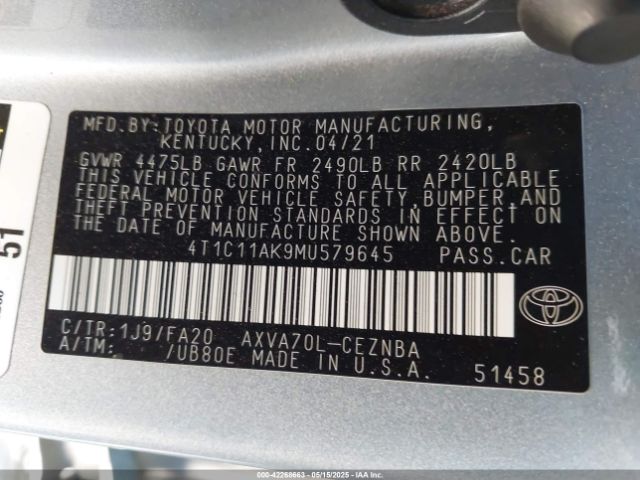 4T1C11AK9MU579645 Toyota a25a-fks