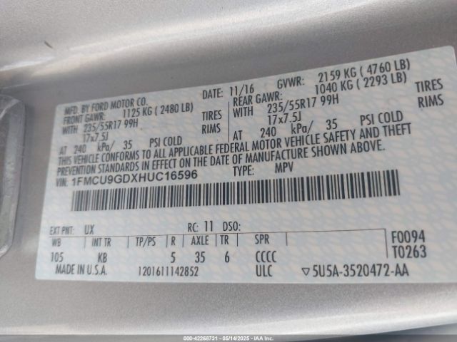 1FMCU9GDXHUC16596 Ford ESCAPE SE