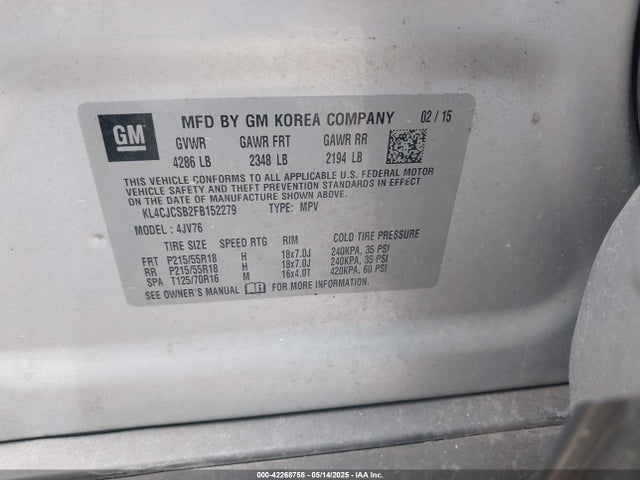 Aukcja sprzedaży 2015 Buick Encore Leather, vin: KL4CJCSB2FB152279, numer aukcji: 42268758