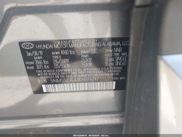 2019 HYUNDAI SANTA FE 5NMS5CAA1KH076297 Photo 8