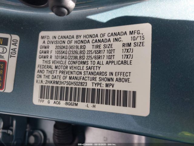 2HKRM3H75GH502823 Honda Cr-v Ex-l