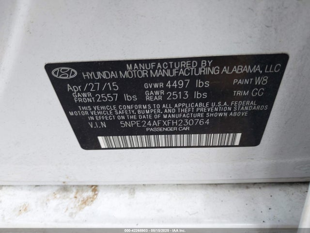 Продажа на аукционе авто 2015 Hyundai Sonata Se, vin: 5NPE24AFXFH230764, номер лота: 42268903