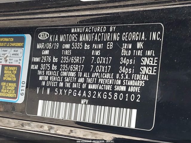5XYPG4A32KG580102 KIA Sorento 2.4l L
