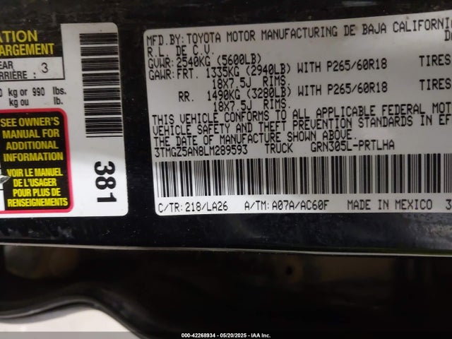 3TMGZ5AN8LM289593 Toyota 2gr-fks