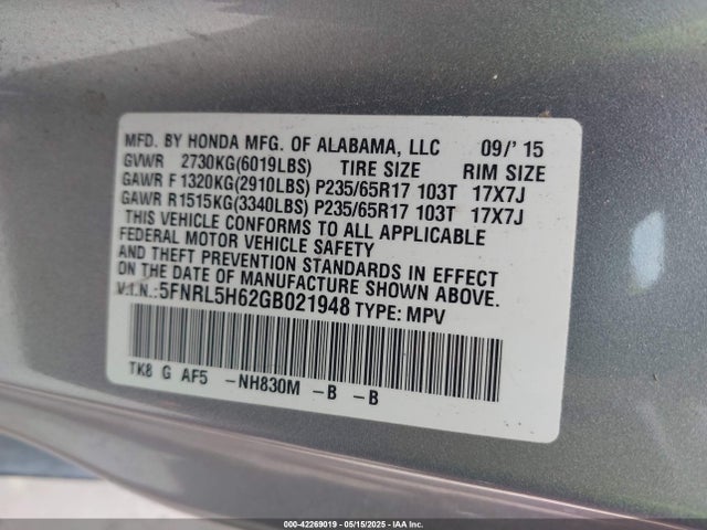 5FNRL5H62GB021948 Honda Odyssey Ex-l