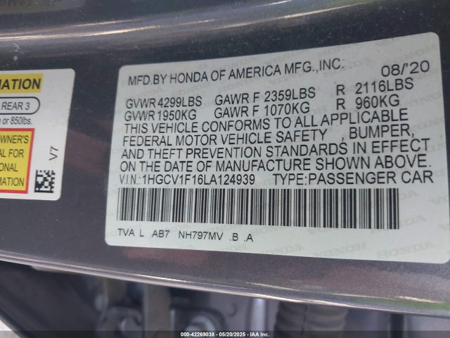 1HGCV1F16LA124939 Honda l15be