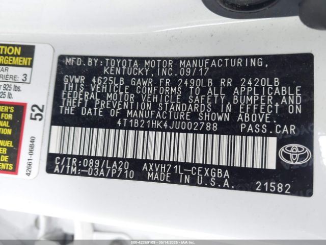 4T1B21HK4JU002788 Toyota Camry Hybrid Xle