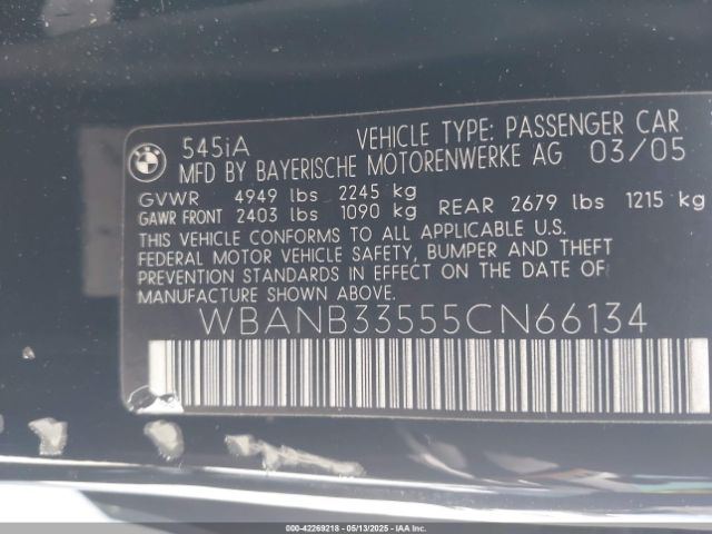 2005 BMW 545I WBANB33555CN66134 Photo 8