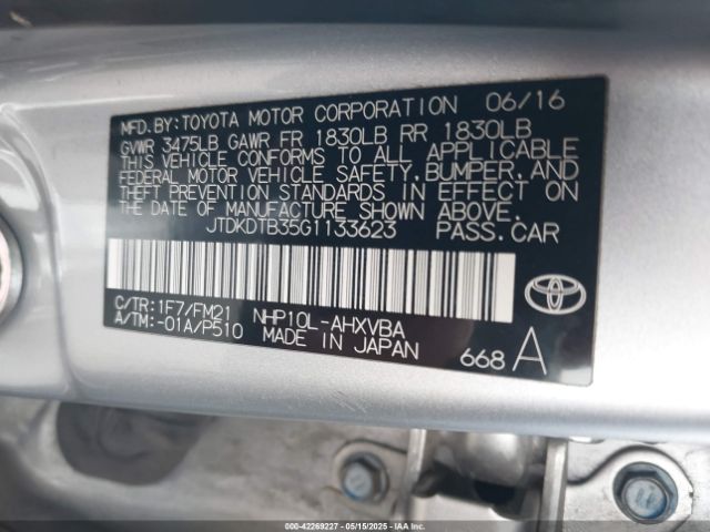 JTDKDTB35G1133623 Toyota Prius C Two