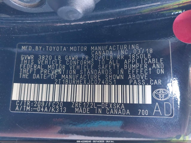 2T1BURHEXJC074051 Toyota 2zr-fe