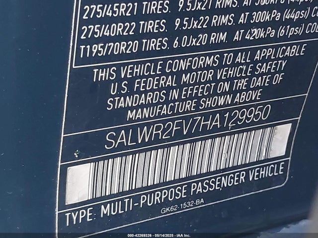 SALWR2FV7HA129950 Land Rover s/c lev3 sulev30