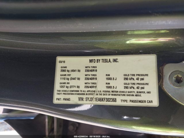 2019 TESLA MODEL 3 5YJ3E1EA6KF302368 Photo 8