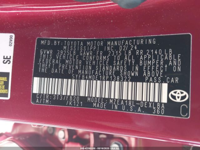 5YFB4MDE1RP138322 Toyota COROLLA LE
