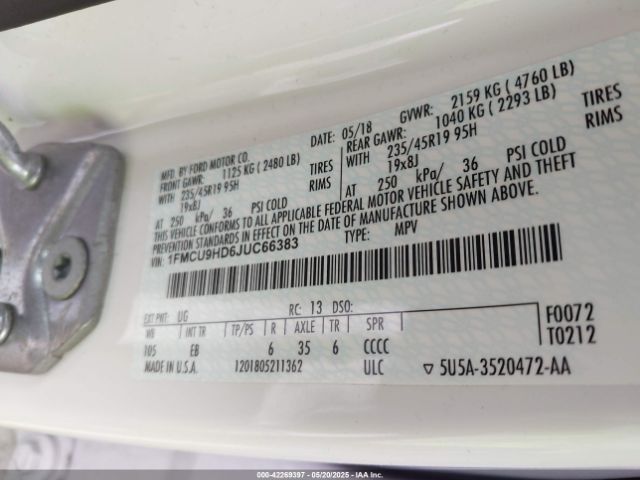 1FMCU9HD6JUC66383 Ford ESCAPE SEL