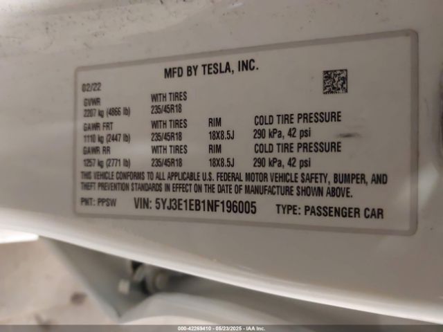 2022 TESLA MODEL 3 5YJ3E1EB1NF196005 Photo 8