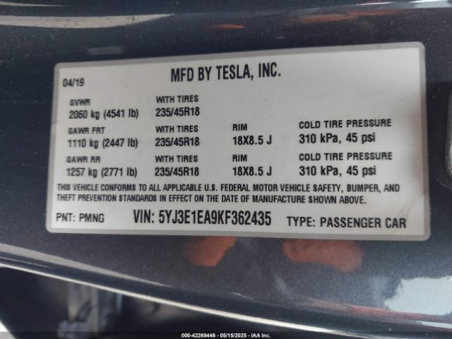 5YJ3E1EA9KF362435 Tesla Model 3 Long Range/mid Range/standard Range/standard Range Plus