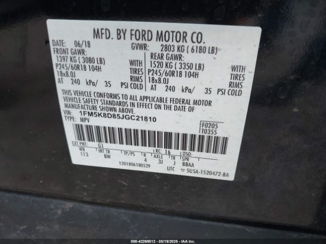 1FM5K8D85JGC21810 Ford EXPLORER XLT