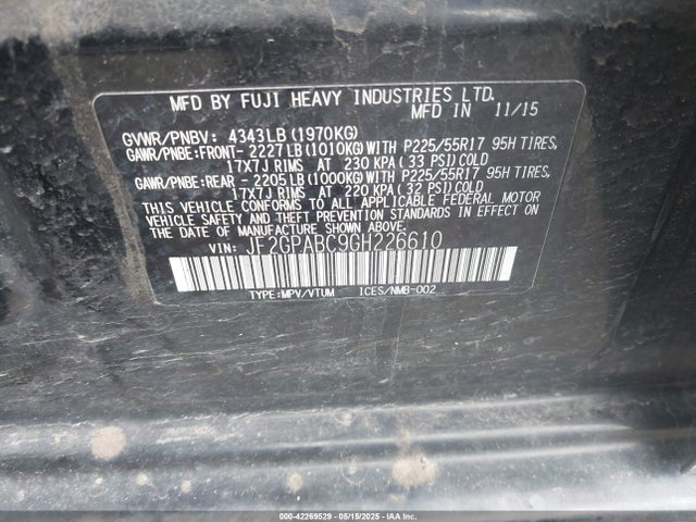 JF2GPABC9GH226610 Subaru naturally aspirated