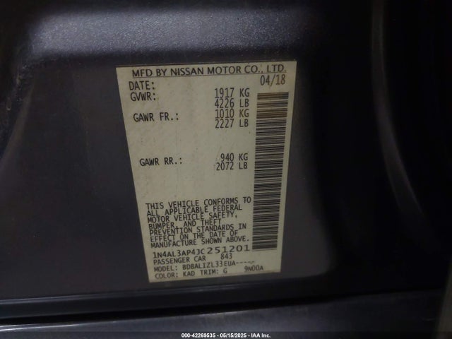 1N4AL3AP4JC251201 Nissan Altima 2.5 Sv