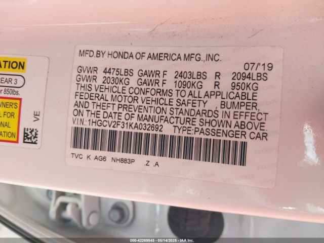 1HGCV2F31KA032692 Honda Accord Sport 2.0t