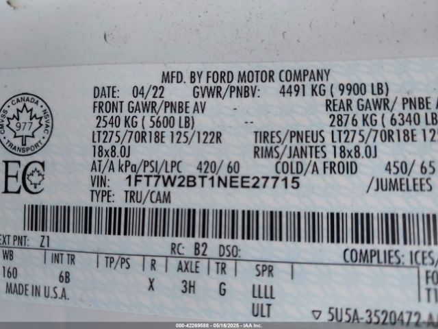 1FT7W2BT1NEE27715 Ford F-250 Lariat