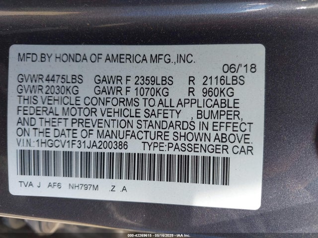 1HGCV1F31JA200386 Honda l15be