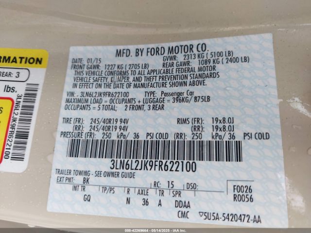 3LN6L2JK9FR622100 Lincoln MKZ
