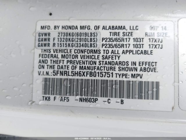 5FNRL5H6XFB015751 Honda Odyssey Ex-l
