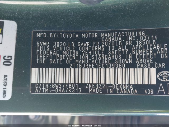 2T1BURHE1EC139360 Toyota COROLLA LE