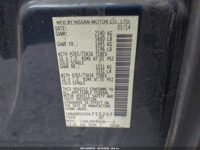 1N6AD0EV1EN755257 Nissan Frontier Pro-4x