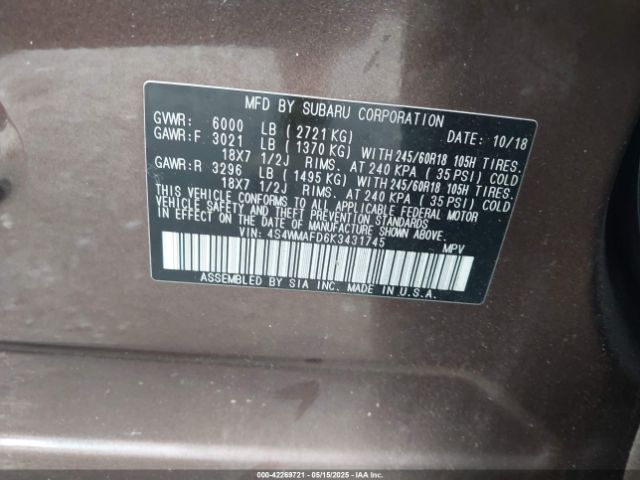4S4WMAFD6K3431745 Subaru Ascent Premium