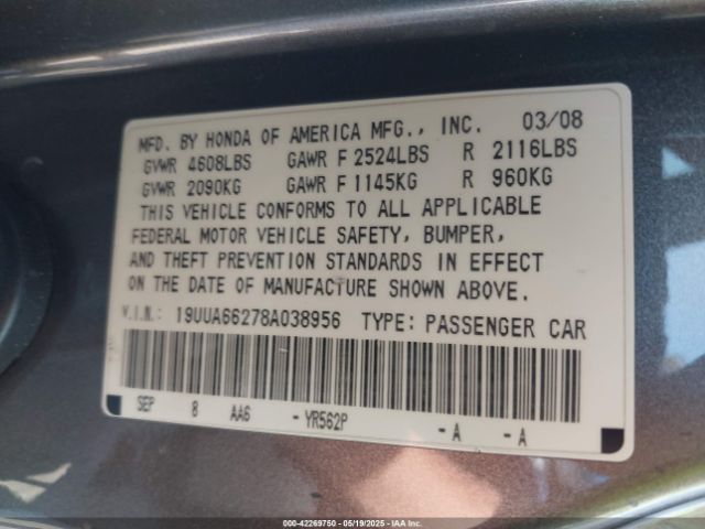 2008 ACURA TL 19UUA66278A038956 Photo 8