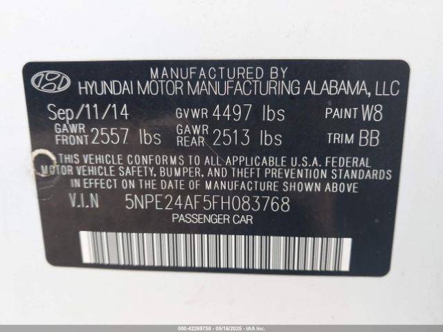 5NPE24AF5FH083768 Hyundai SONATA SE